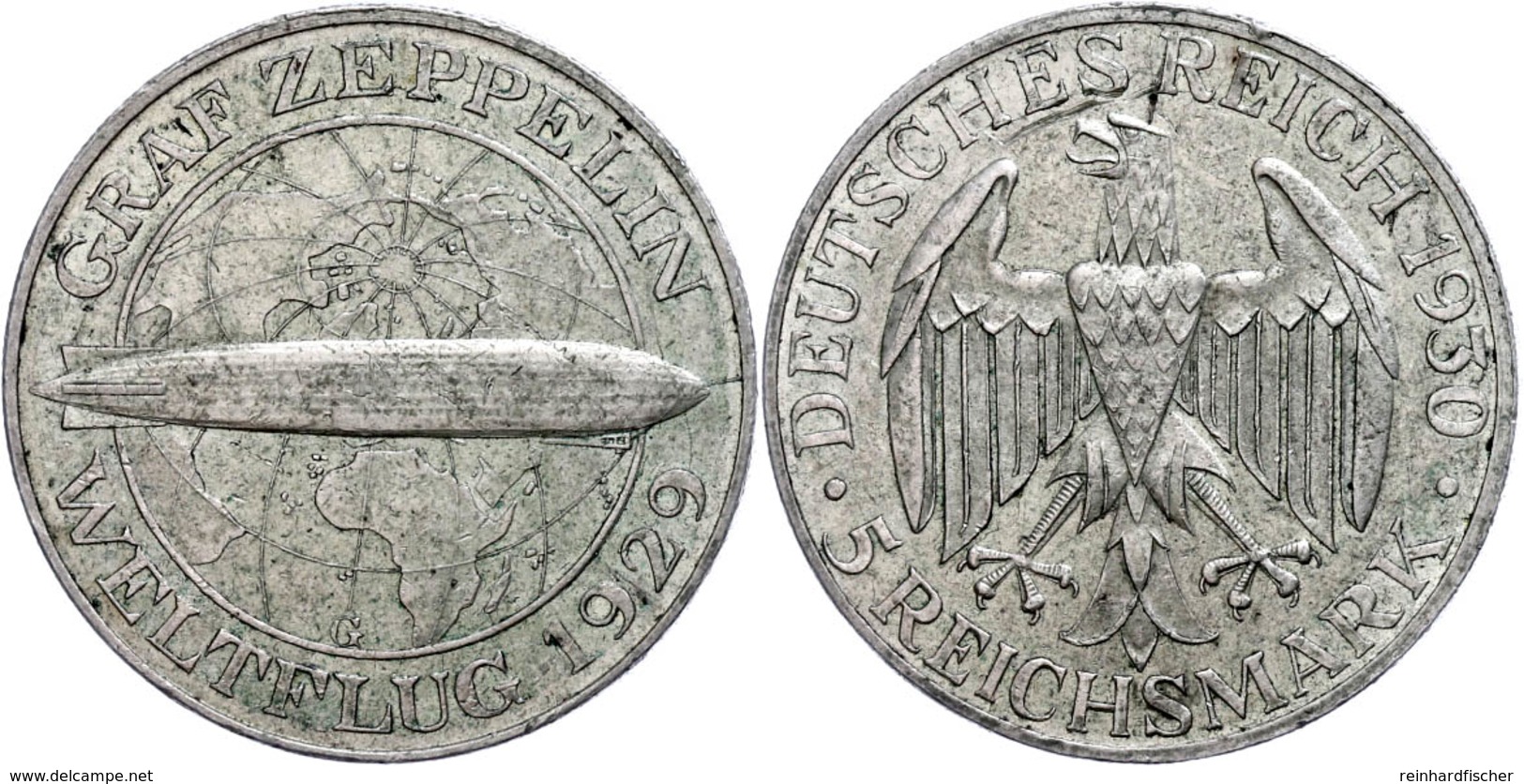 5 Reichsmark, 1930 A, Graf Zeppelin, Vz, Katalog: J.343 Vz - Other & Unclassified