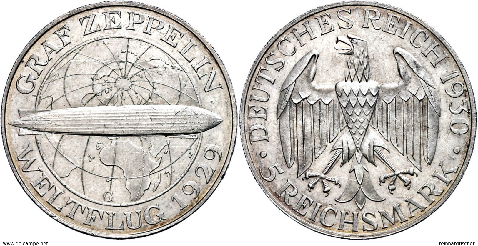5 Reichsmark, 1930, G, Graf Zeppelin, Wz. Rf., Vz., Katalog: J.343 Vz - Sonstige & Ohne Zuordnung