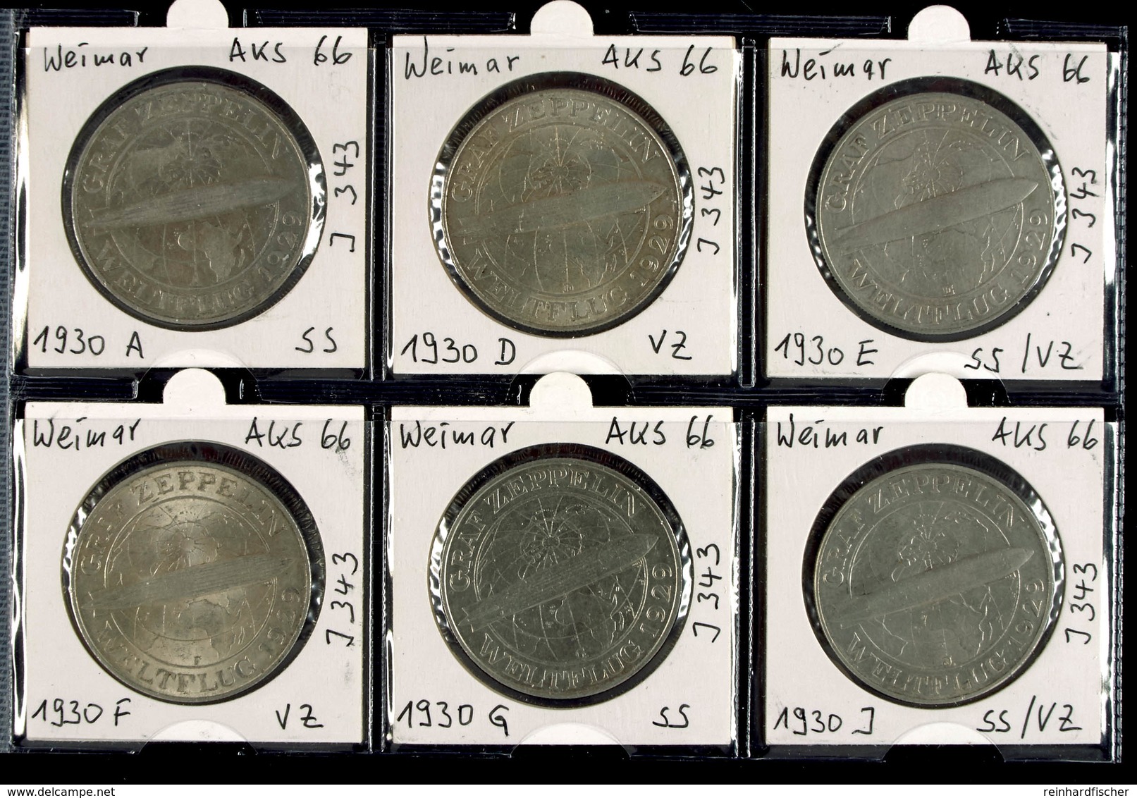 6 X 5 Reichsmark, 1930, Zeppelin, A, D, E, F, G Und J, Erhaltungen Ss-vz., Katalog: J.343 - Autres & Non Classés