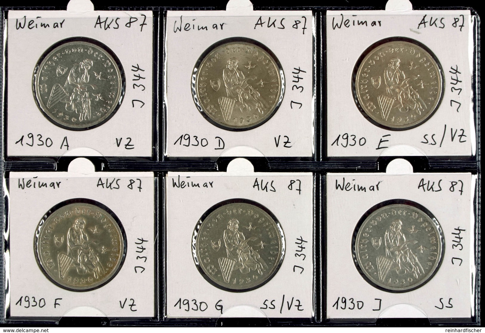 6 X 3 Reichsmark, 1930, Walther Von Der Vogelweide, A, D, E, F, G Und J, Erhaltungen Jeweils Vz., Katalog: J.344 - Altri & Non Classificati