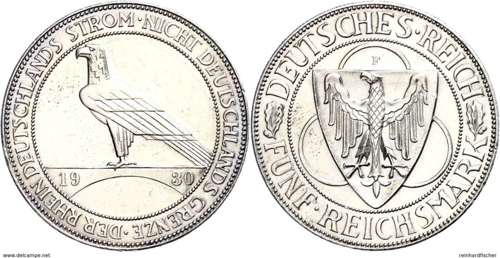 5 Reichsmark, 1930, Rheinlandräumung, Mzz F, Vz., Katalog: J.346 Vz - Sonstige & Ohne Zuordnung