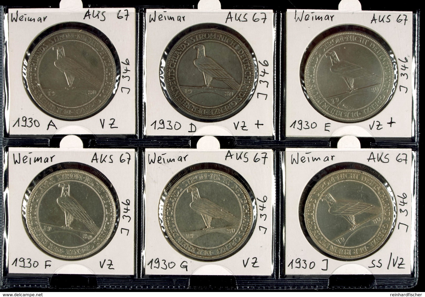 6 X 5 Reichsmark, 1930, Rheinlandräumung, A, D, E, F, G Und J, Erhaltungen Jeweils Um Vz., Katalog: J.346 - Autres & Non Classés