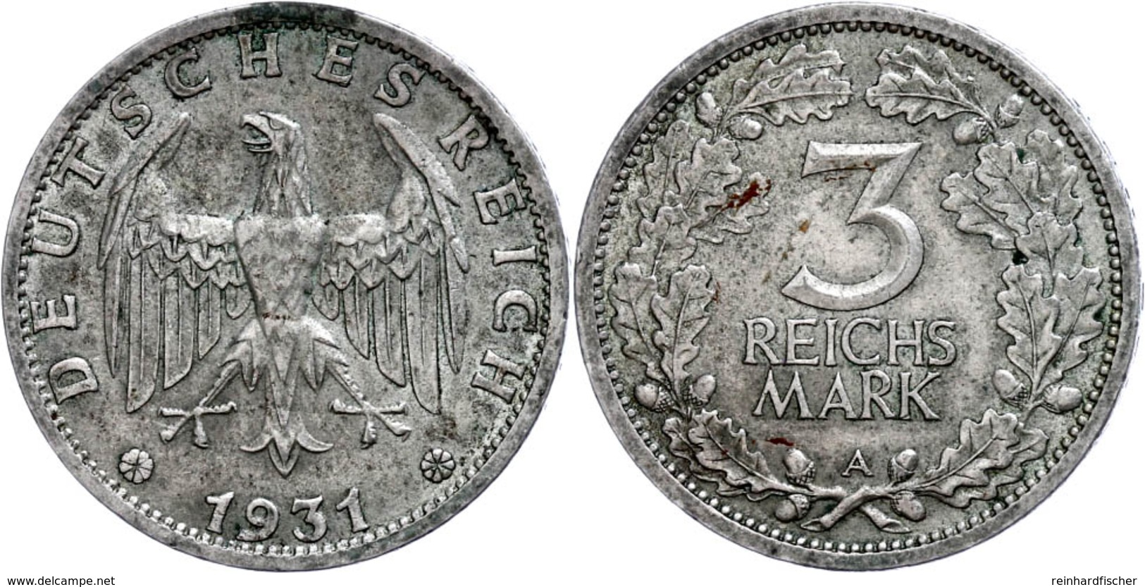 3 Reichsmark, 1931, A, Kl. Flecken, Ss-vz, Katalog: J.349 Ss-vz - Other & Unclassified