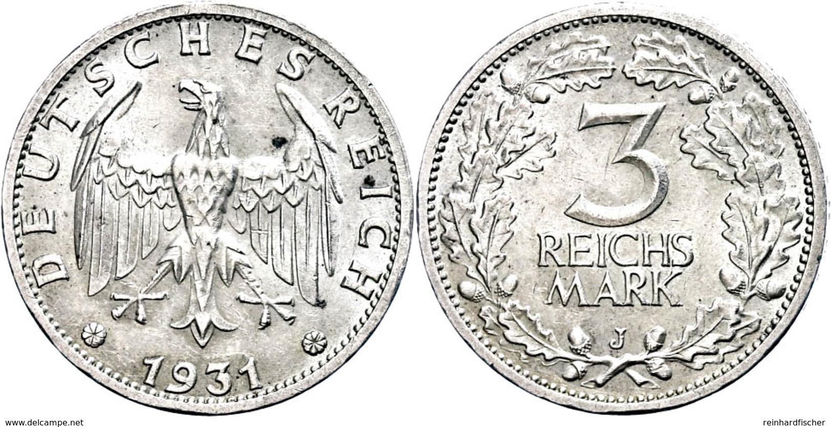 3 Reichsmark, 1931, J, Kl. Rf., Vz., Katalog: J.349 Vz - Altri & Non Classificati