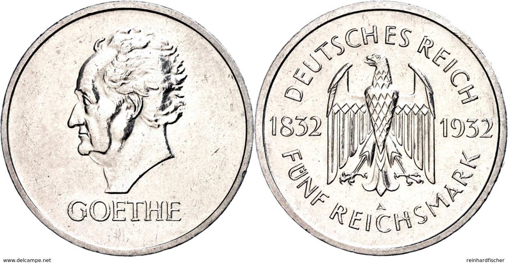 5 Reichsmark, 1932, A, Goethe, Kl. Kr., Vz., Katalog: J.351 Vz - Other & Unclassified