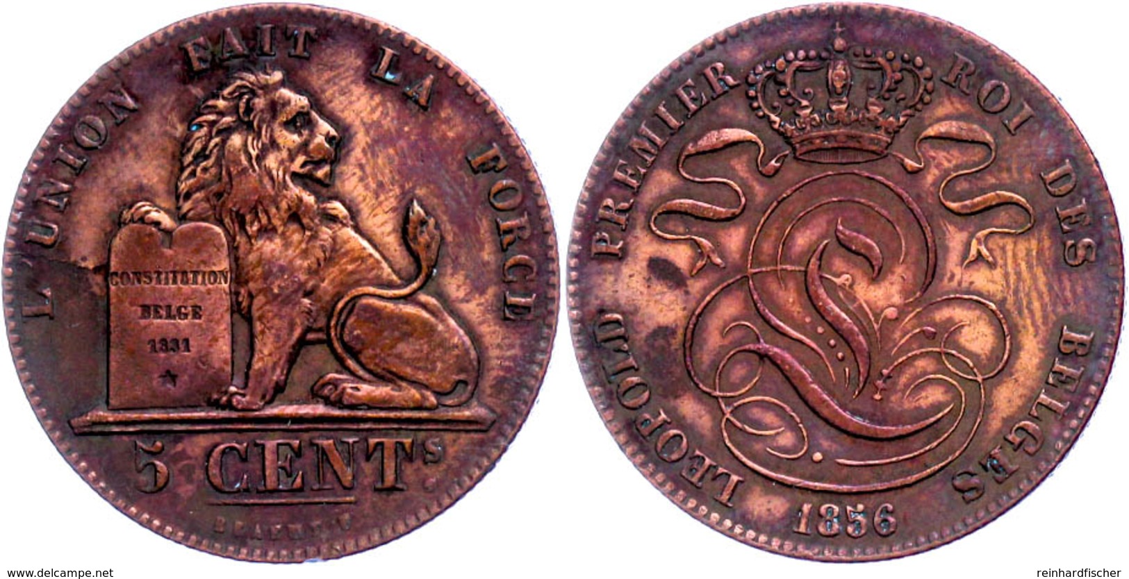 5 Centimes, 1856, Leopold I. (1831-1865), KM 5.1, Vz  Vz - Sonstige & Ohne Zuordnung