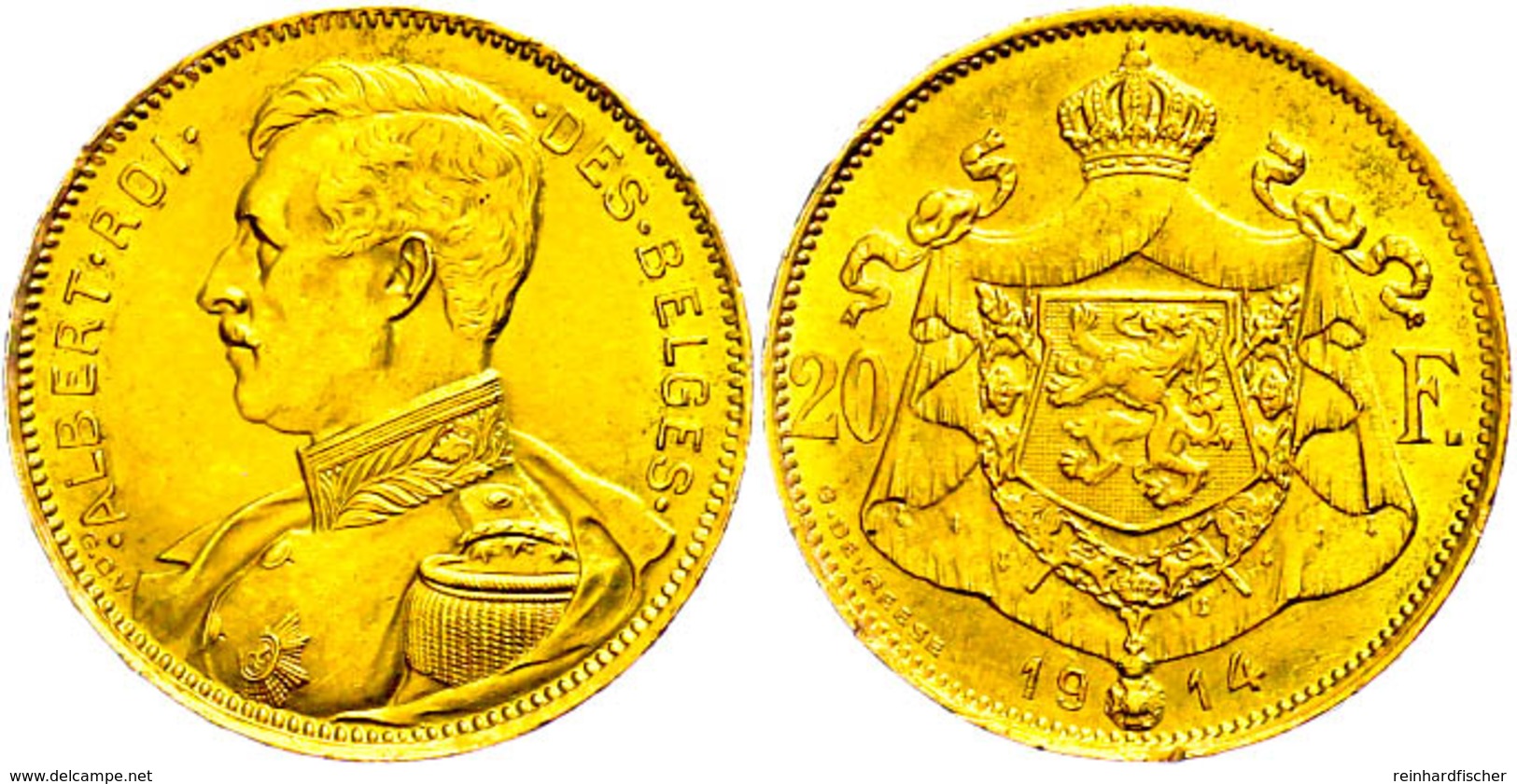 20 Francs, Gold, 1914, Albert, Fb. 421, Kl. Rf., Vz.  Vz - Sonstige & Ohne Zuordnung