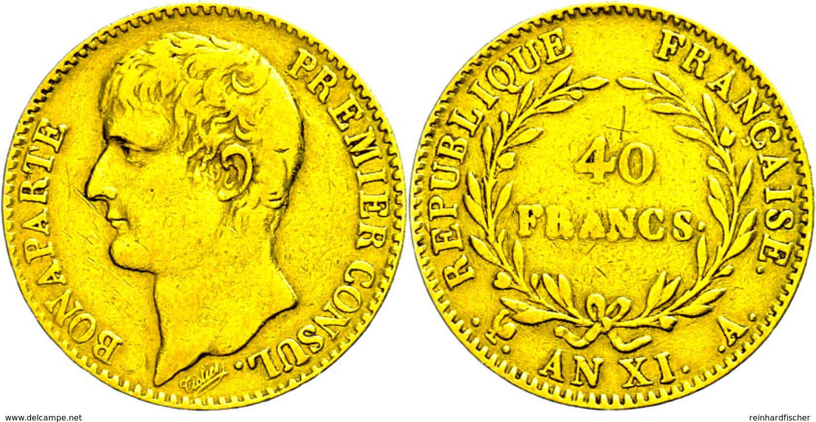 40 Francs, AN XI (1802/03), A (Paris), Gold, Napoleon Bonaparte, Fb. 480, Kl. Rf., Kratzer, Ss.  Ss - Altri & Non Classificati