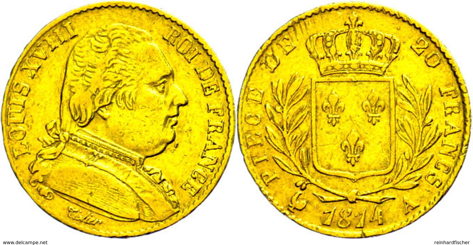 20 Francs, Gold, 1814, Louis XVIII., A (Paris), Fb. 525, Gadoury 1026, Kl. Rf., Ss.  Ss - Sonstige & Ohne Zuordnung