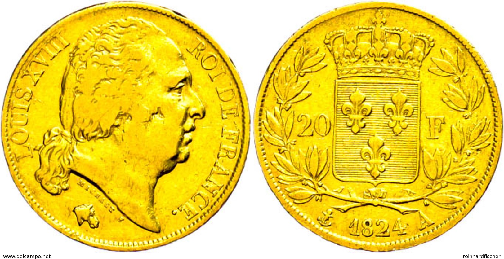 20 Francs, Gold, 1824, A, Ludwig XVIII., Fb. 538, Kl. Rf., Ss.  Ss - Autres & Non Classés