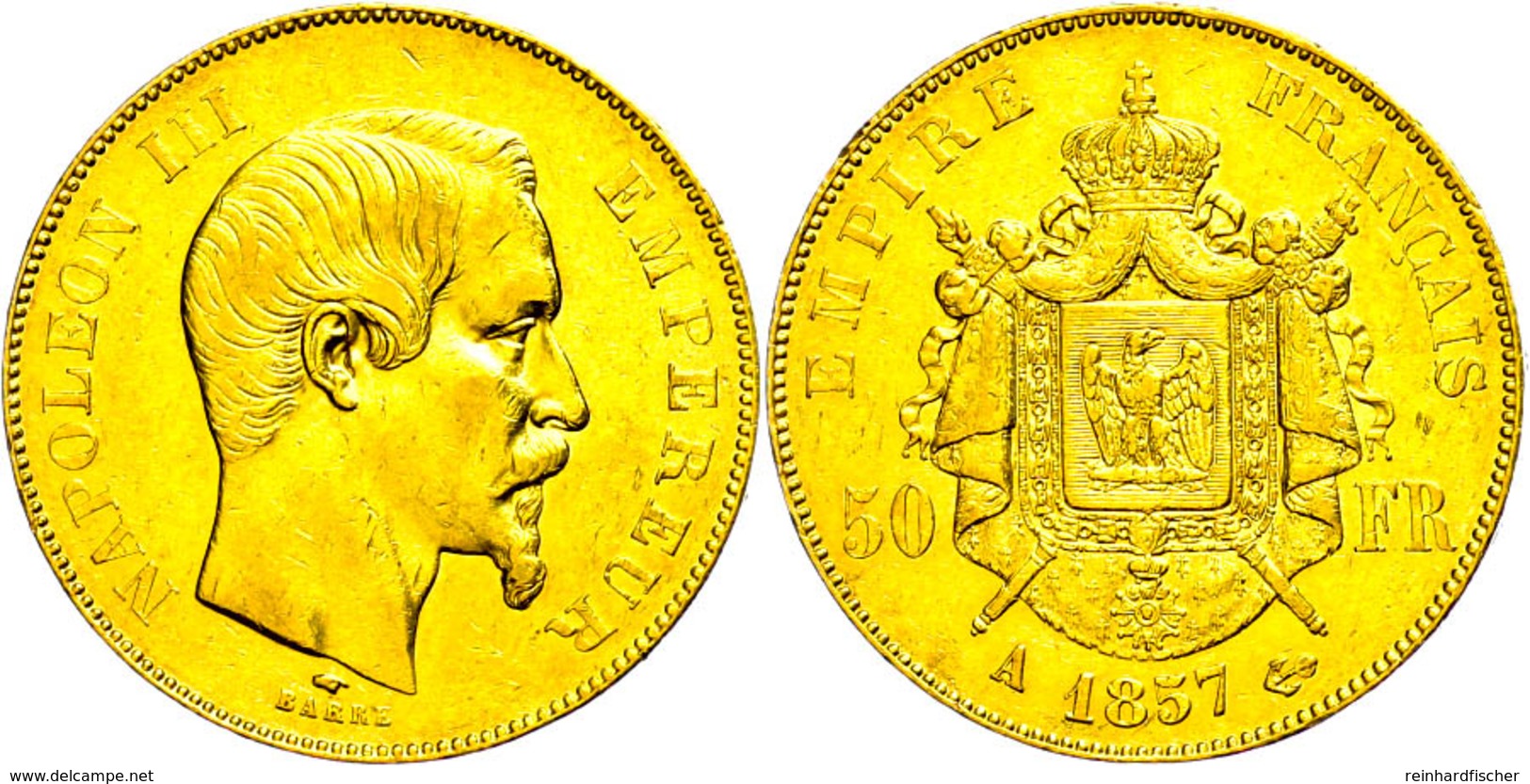50 Francs, Gold, 1857, A, Napoleon III., Fb 571, Kl. Rf., Ss.  Ss - Sonstige & Ohne Zuordnung