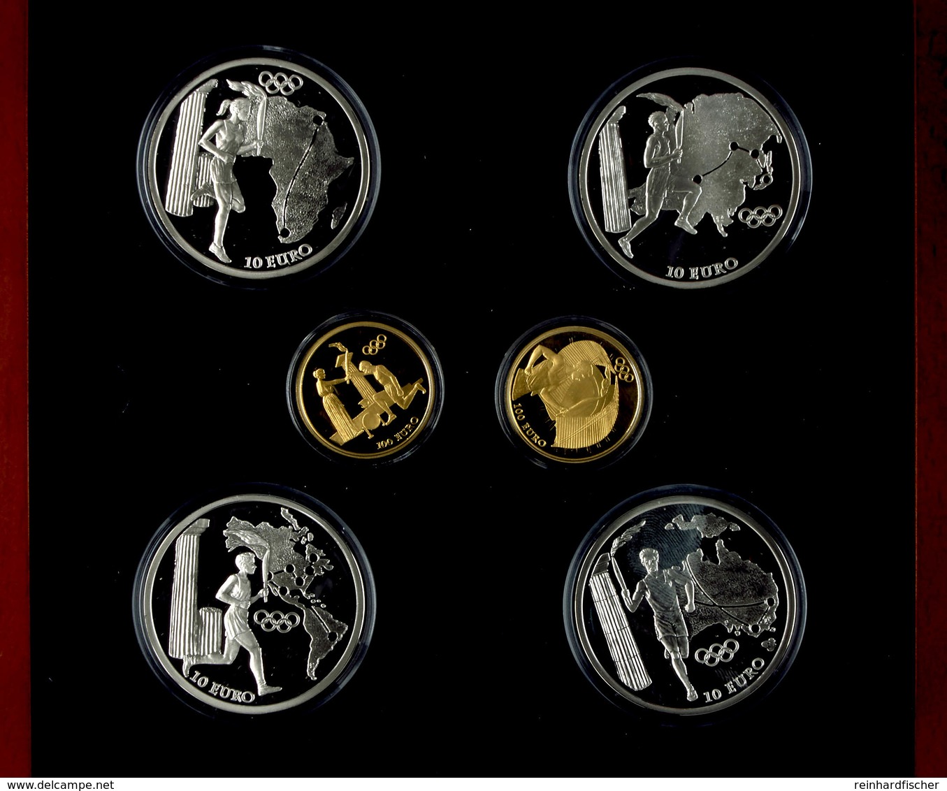 Set Zu 2 X 100 Euro Gold Und 4 X 10 Euro Silber 2004, XXVIII. Olympische Sommerspiele 2004 In Athen "Fackellauf",  KM 23 - Grecia