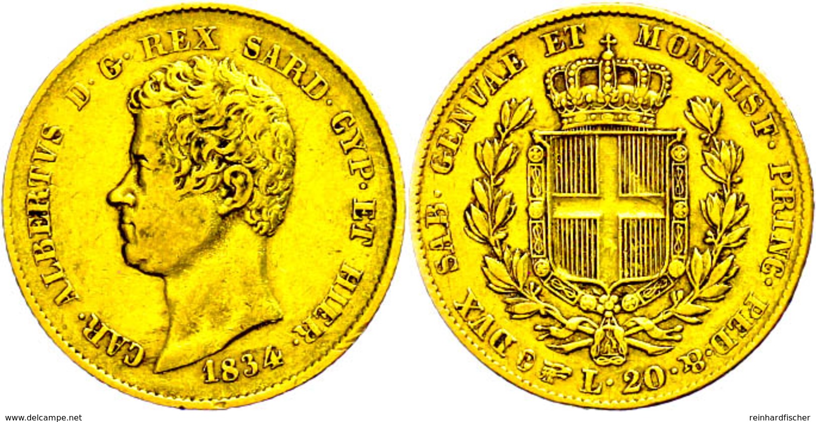 Sardinien, 20 Lire, Gold, 1834, Karl Albert, Turin, Fb. 1142, Wz. Rf., Ss.  Ss - Autres & Non Classés