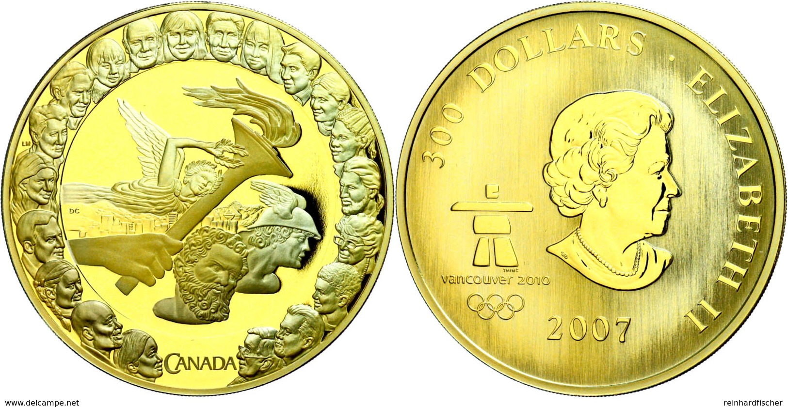 300 Dollars, Gold, 2007, XXI. Olympische Winterspiele 2010 In Vancouver- Fackel Vor Olympischen Idealen, 60g, Ca. 34,98g - Canada