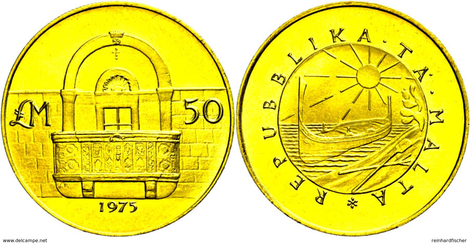 50 Pfund, Gold, 1975, Steinbalkon, Fb. 58, Fingerabdrücke, St.  St - Malta