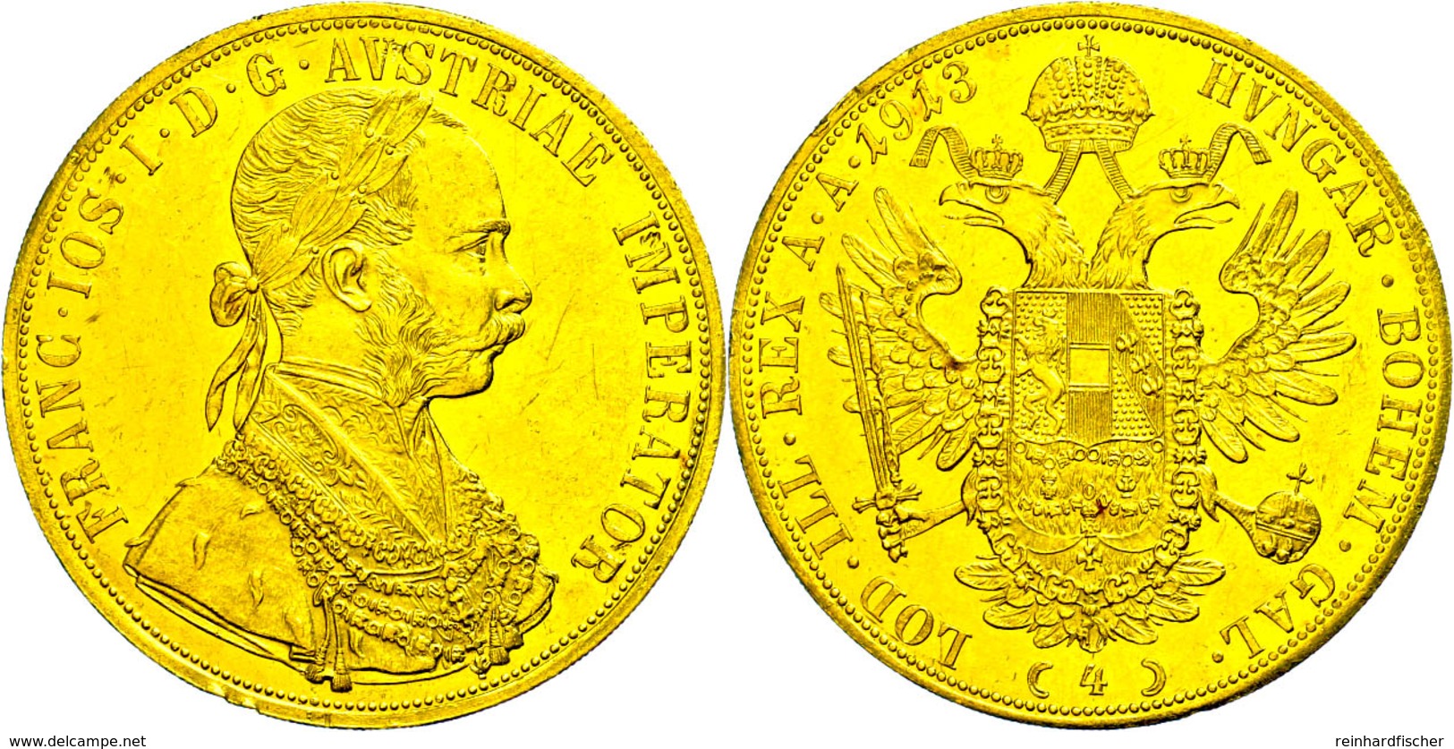 4 Dukaten, 1913, Franz Joseph I., Randfehler, Vz. Selten!  Vz - Oesterreich