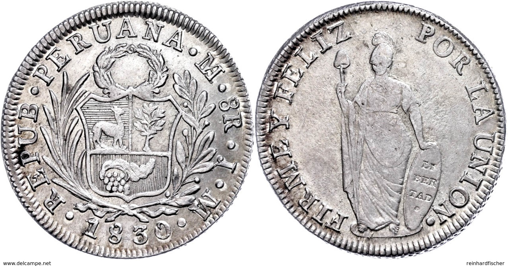 8 Reales, 1830, Jm Lima, KM 142.3, Leichte Prägeschwäche, Vz.  Vz - Peru