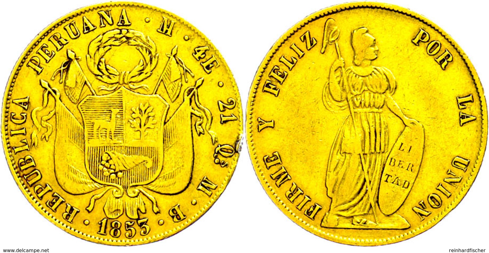 4 Escudos, Gold, 1853, MB Lima, KM 150.2, Fb. 64, Randfehler, Ss.  Ss - Perú