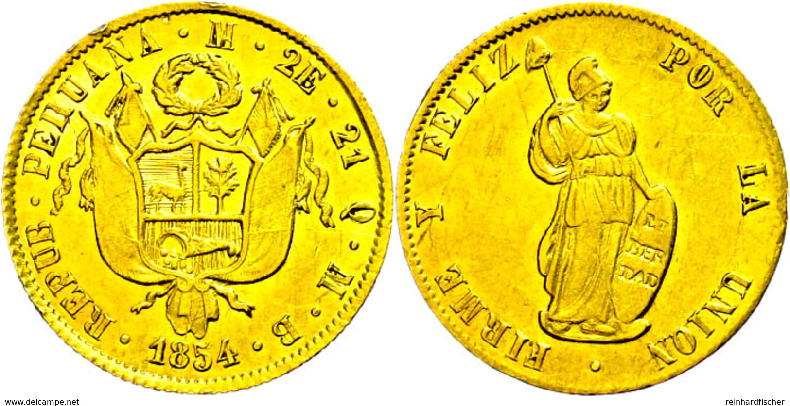 2 Escudos, Gold, 1854, Lima, MB, KM 150.3, Fb. 65, Ss-vz.  Ss-vz - Pérou