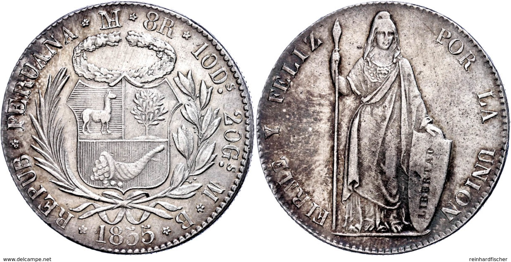 8 Reales, 1855, MB Lima, KM 142.10a, Leicht Berieben, Vz.  Vz - Peru