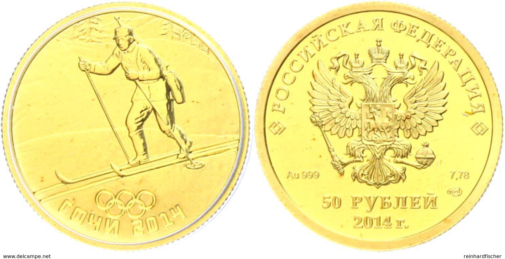 50 Rubel, 2014, Gold, Winterolympiade Sotschi - Biathlet, Mit Zertifikat In Ausgabeschatulle Und OVP, PP.  PP - Russland