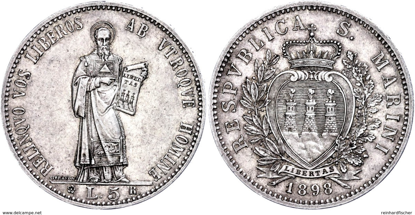 5 Lire, 1898, Dav. 302, Wz. Rf., Ss-vz  Ss-vz - San Marino