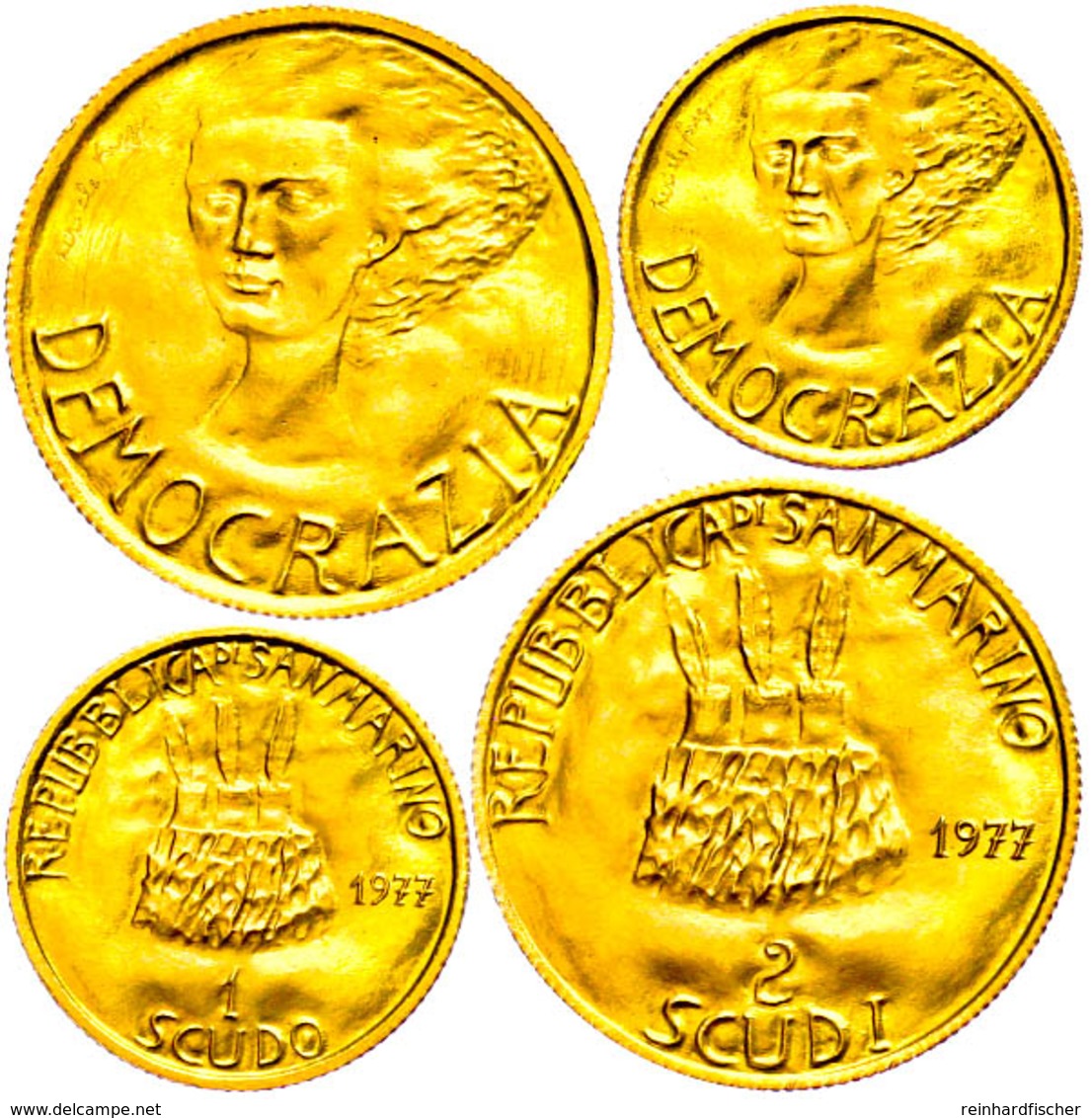 1 Und 2 Scudi, Gold, 1977, Demokratie, KM 73/74, F. St. - San Marino