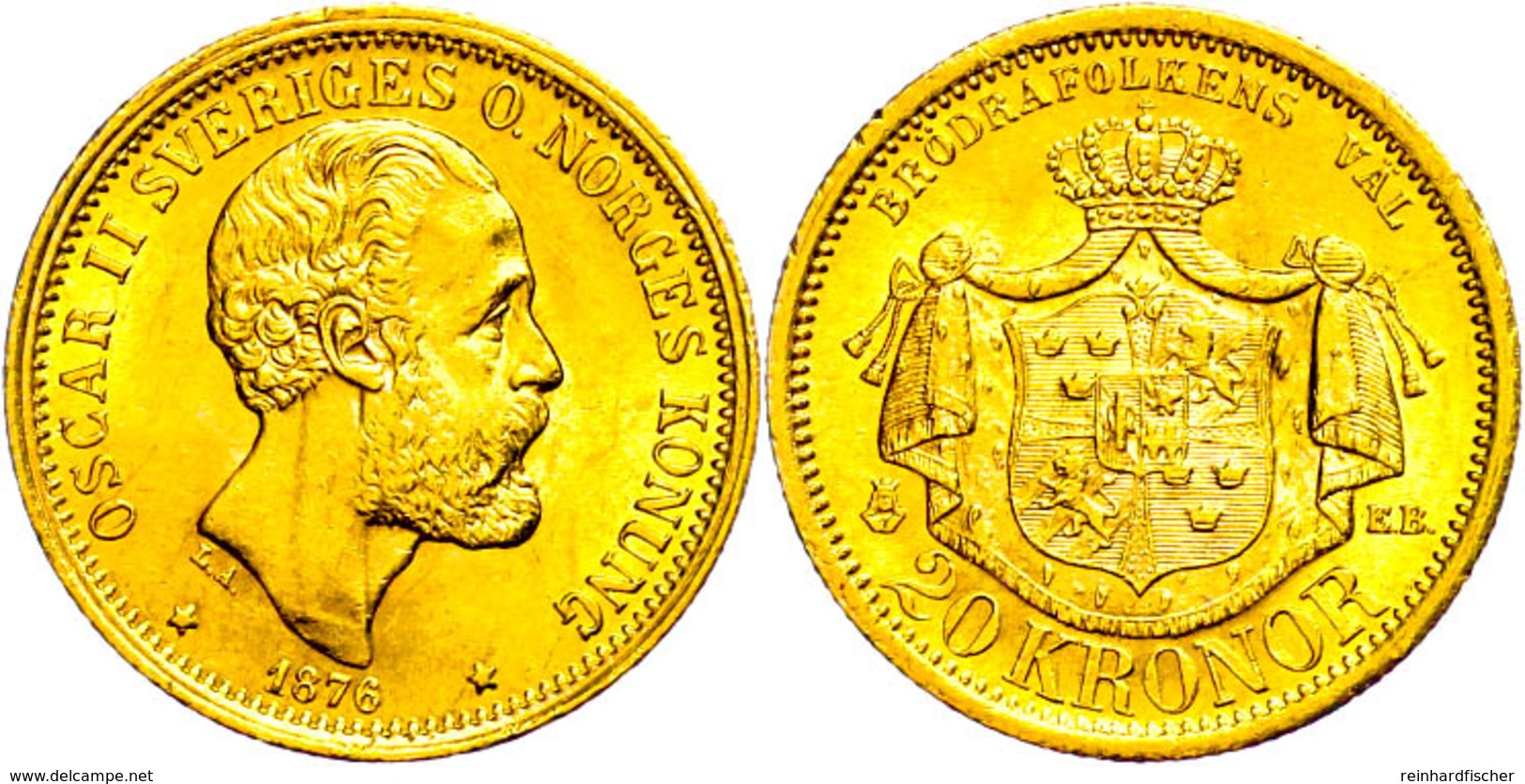 20 Kronen, Gold, 1876, Oskar II., Fb. 93, Kl. Rf., Vz-st.  Ss-vz - Svezia