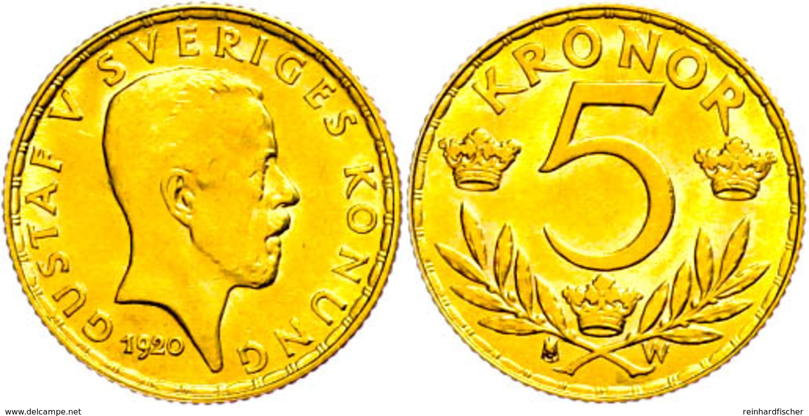 5 Kronen, Gold, 1920, Gustav V., Fb. 97, Vz-st.  Vz-st - Svezia