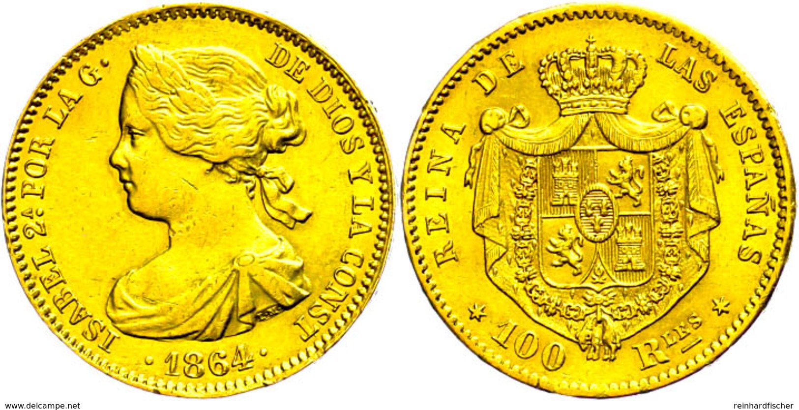 100 Reales, 1864, Isabella II., Fb. 334, Ss-vz.  Ss-vz - Sonstige & Ohne Zuordnung
