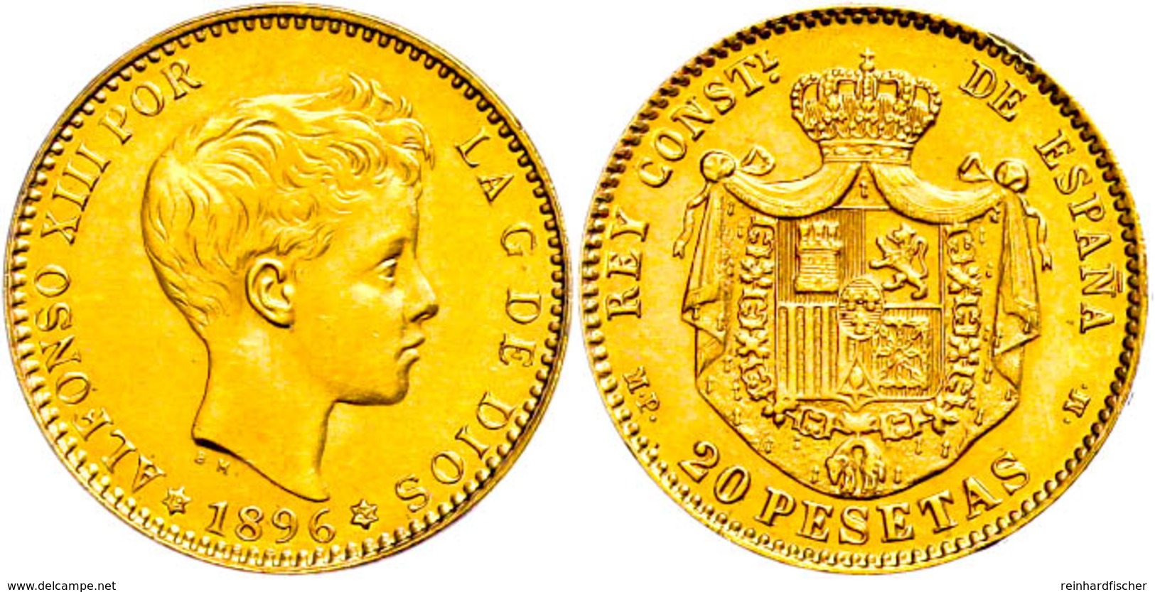 20 Pesetas, Gold, 1896 (19-62), Alfonso XIII., Nachprägung, Fb. 348R, Randfehler, Vz-st.  Vz-st - Sonstige & Ohne Zuordnung