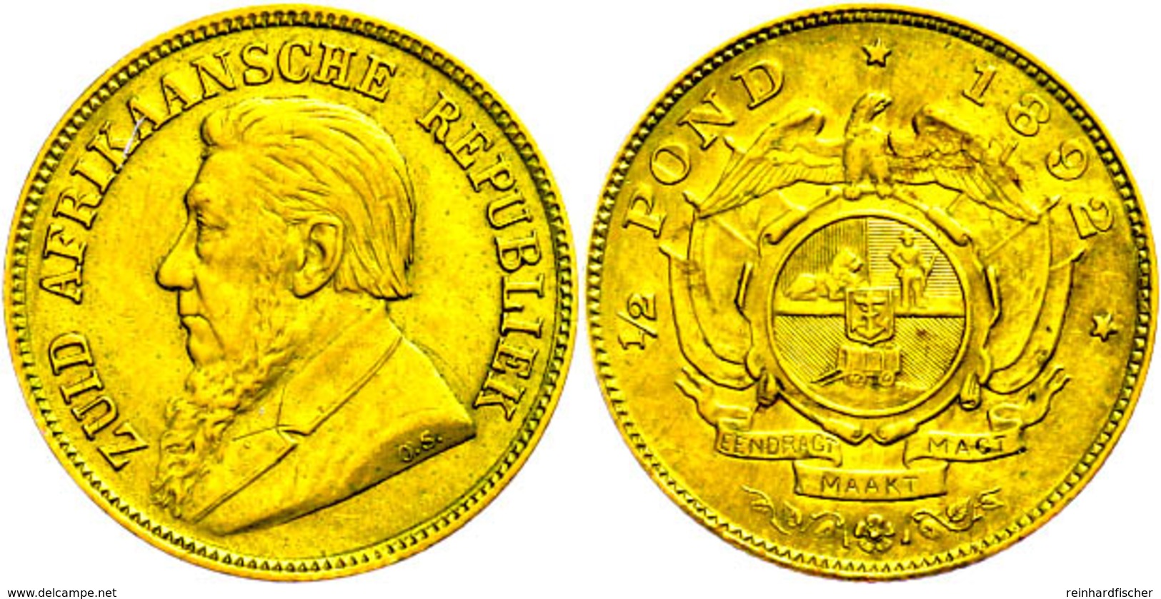 1/2 Pound, Gold, 1892, Fb. 2, Leicht Berieben, Ss.  Ss - South Africa