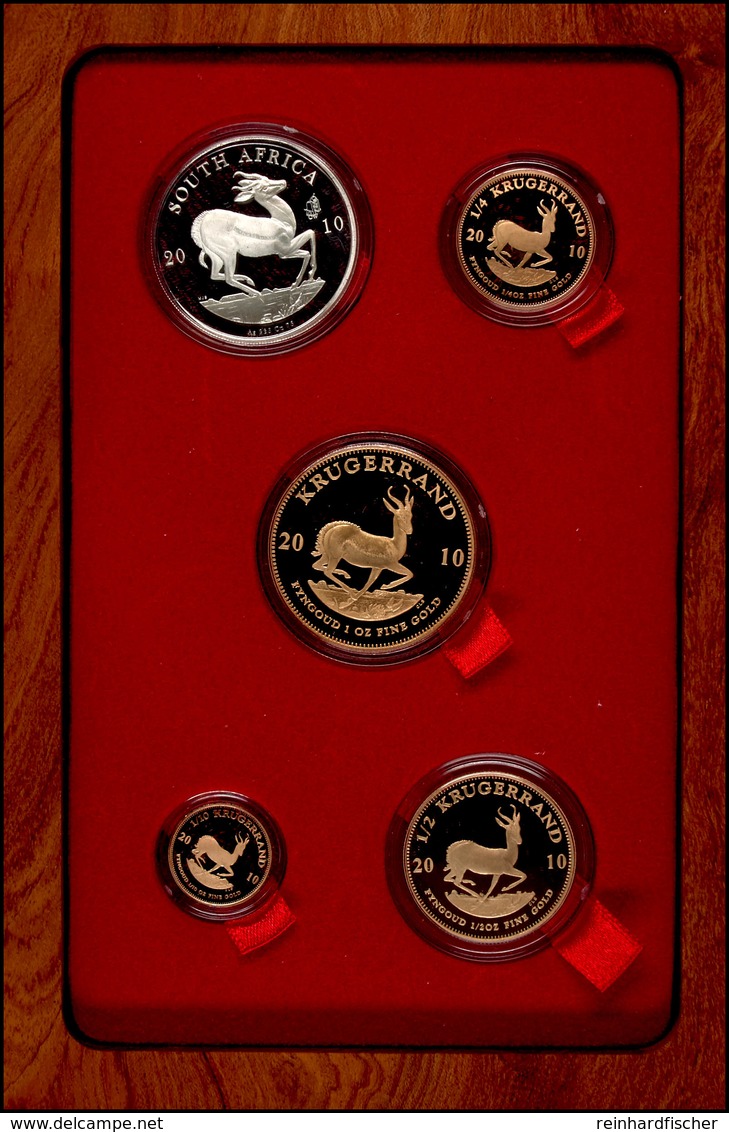 Premium De Luxe Krügerrand Set Zu 1/10, 1/4, 1/2 Und 1 Oz Gold, Und 1 Oz Silber-Medaillon, 2010, Mit Zertifikat Im Holze - Sud Africa