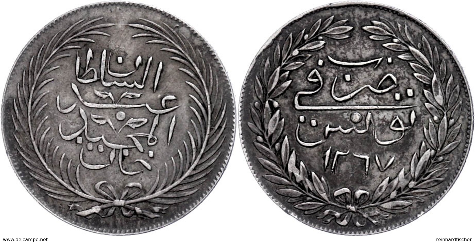 2 Riyal, AH 1267, Abdülmecid, Tunis, KM 109 (Tunesien), Vz. Mit Unterlegzettel Der Firma Stephen Album Rare Coins, Santa - Orientales