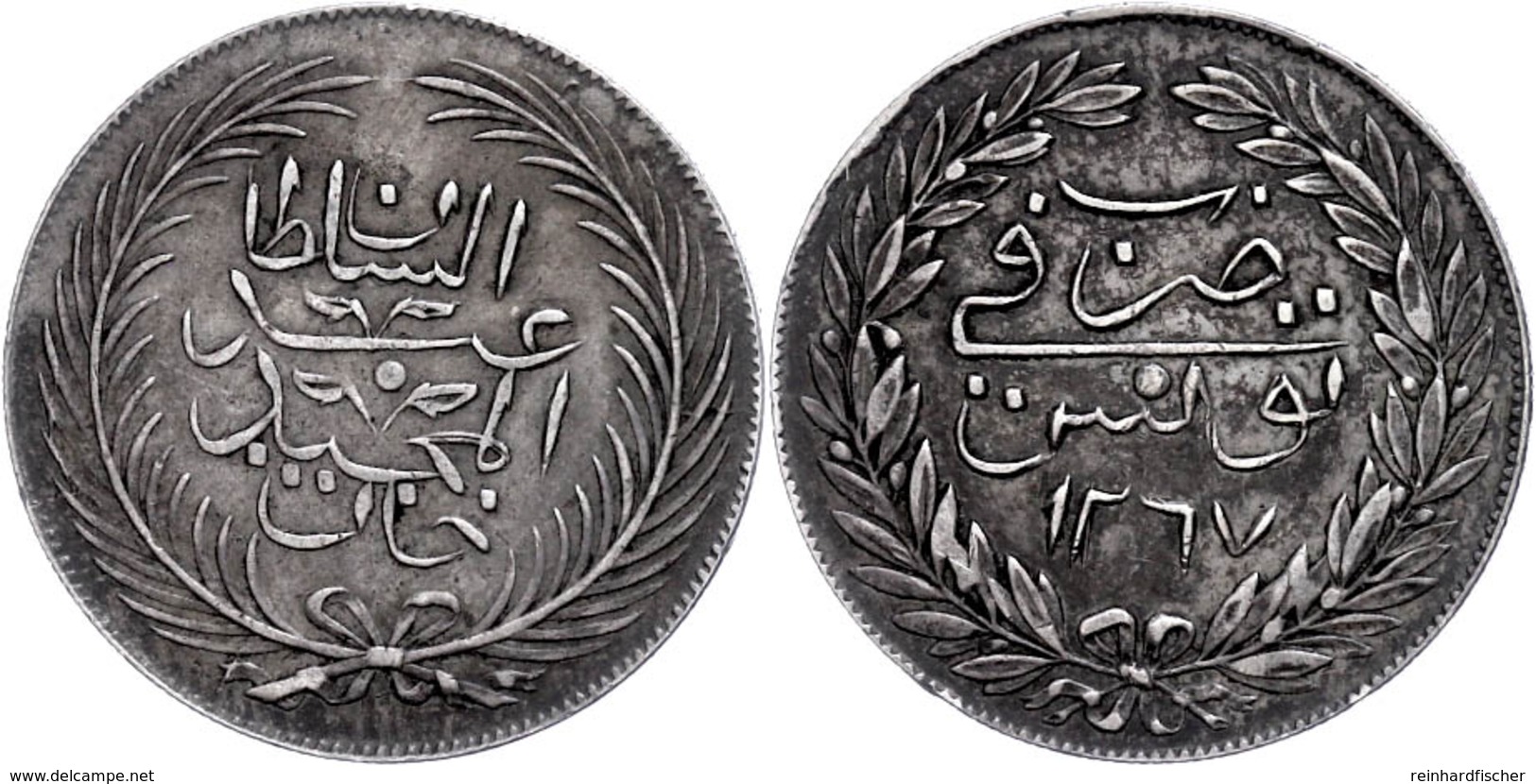 2 Riyal, AH 1267, Abdülmecid, Tunis, KM 109 (Tunesien), Vz. Mit Unterlegzettel Der Firma Stephen Album Rare Coins, Santa - Orientalische Münzen