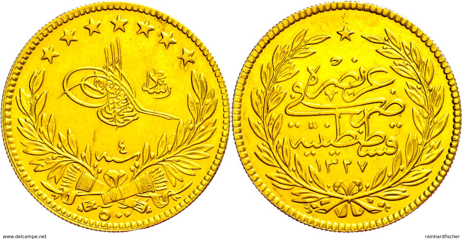 500 Piaster, Gold, AH 1327/4, Mohamed V., KM 758, Wz. Kr., Vz-st.  Vz-st - Oriental