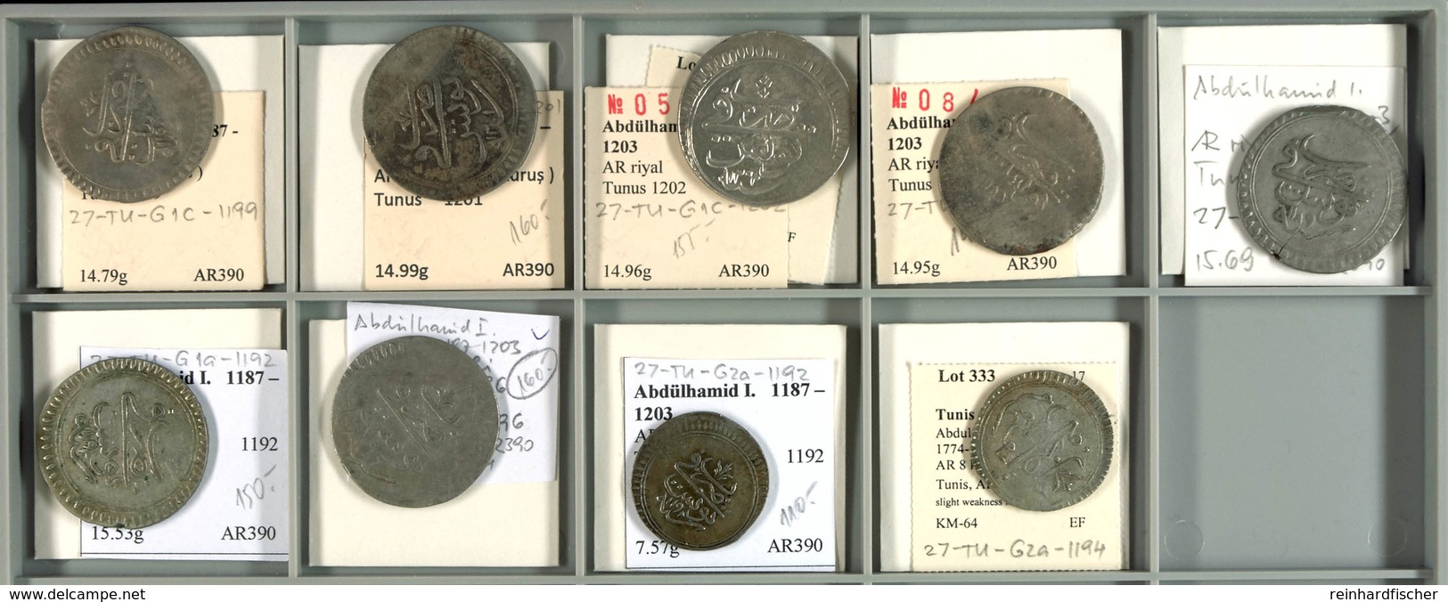 ABDÜLHAMID I., Lot Von 9 Münzen Der Prägestätte Tunis. Dabei U.a. 1 Riyal AH 1189, 1201, 1202 Und 1203 Sowie 2 X 2 Kharu - Orientalische Münzen