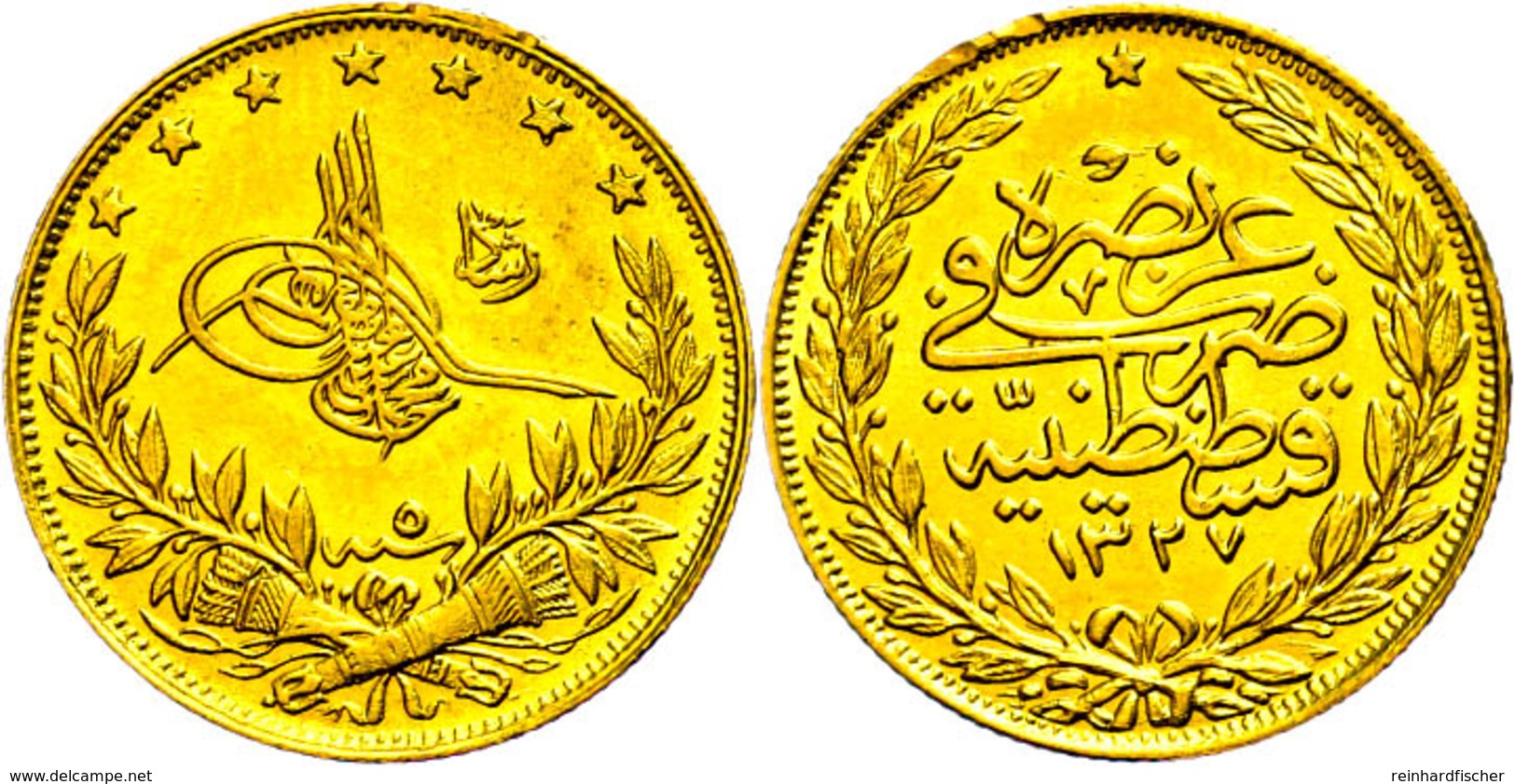 100 Kurush, Gold, AH 1327/5, Mehmed V., Fb. 154, Kl. Randfehler, Vz+. - Turchia