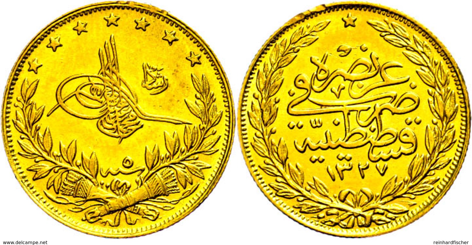 100 Kurush, Gold, AH 1327/5, Mehmed V., Fb. 154, Kl. Randfehler, Vz+. - Türkei