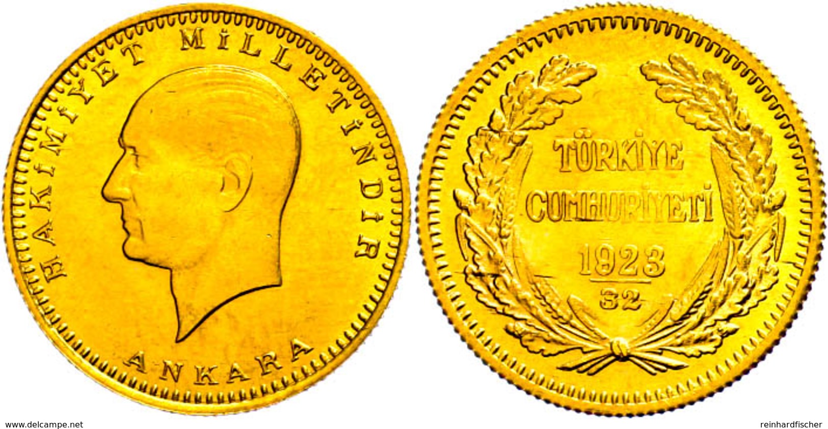 100 Piaster, Gold, 1954 (1923/32), Kemal Atatürk, Fb. 91, Kl. Kratzer, Vz-st. - Turkey