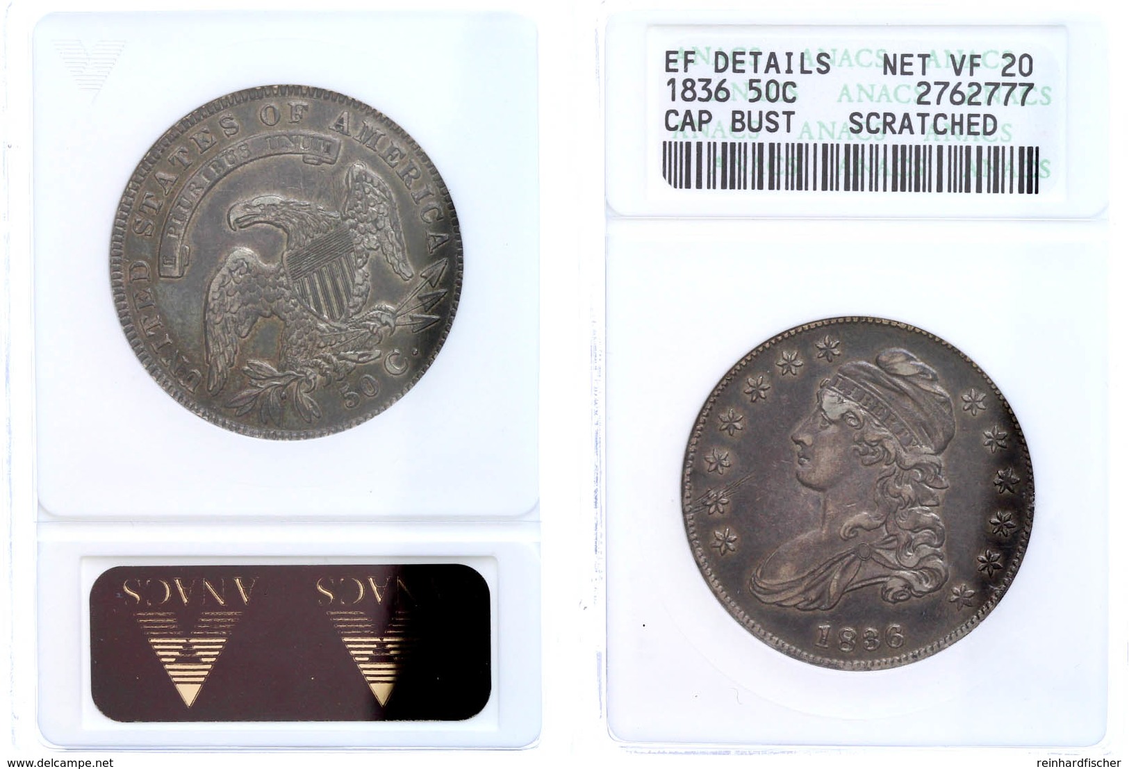 1/2 Dollar 1836, 50 Cent Cab Bust, In Slab Der ANACS Mit Bewertung NET VF 20 Scratched. - Altri & Non Classificati