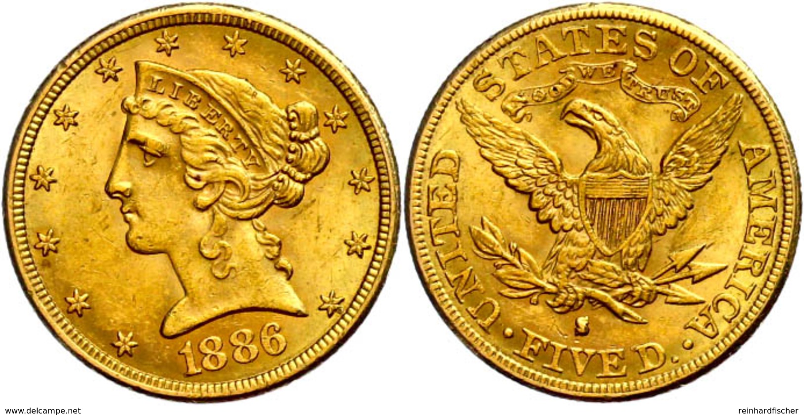 5 Dollars, Gold, 1886, San Francisco, Kl. Rf., Fb. 145, Ss.  Ss - Autres & Non Classés