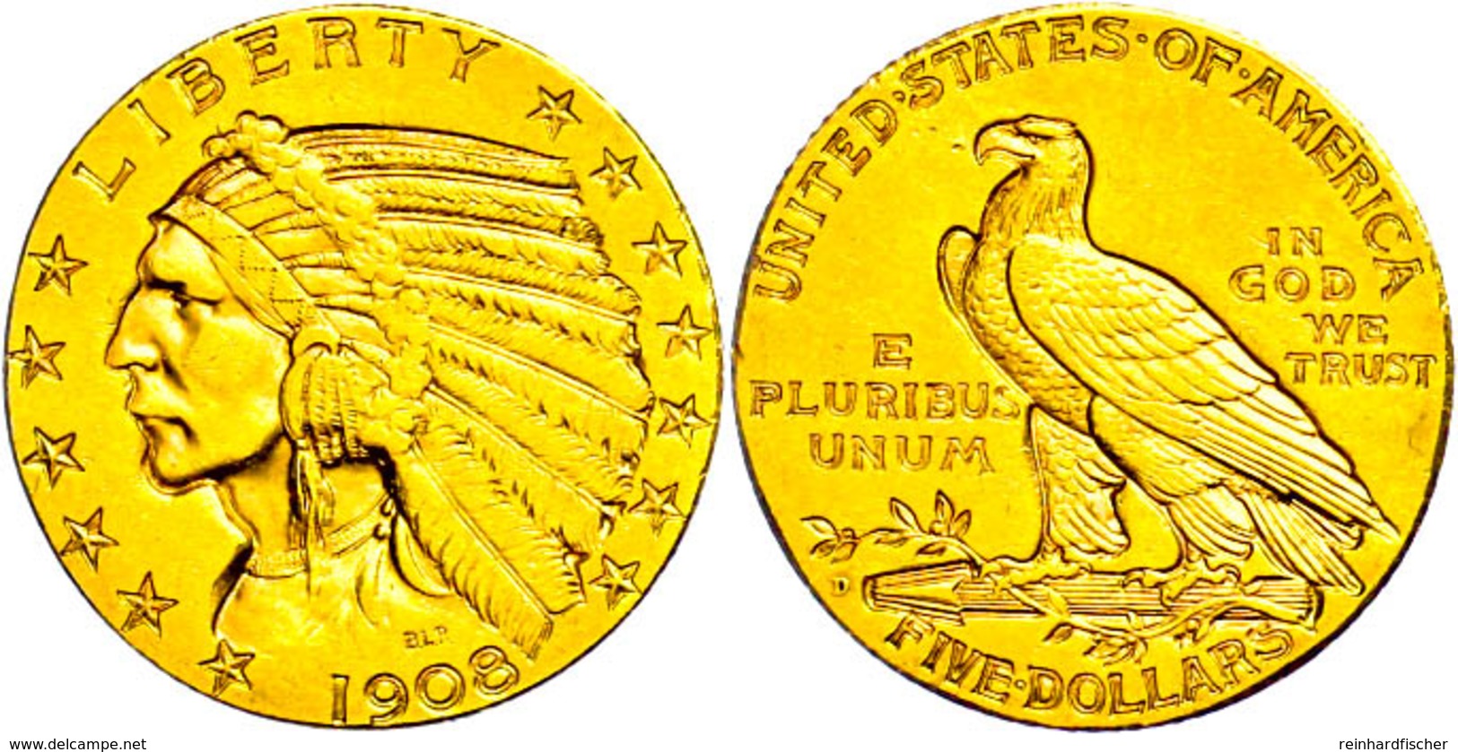 5 Dollars, Gold, 1908, Indian Head, Denver, Fb. 148, Ss-vz.  Ss-vz - Other & Unclassified