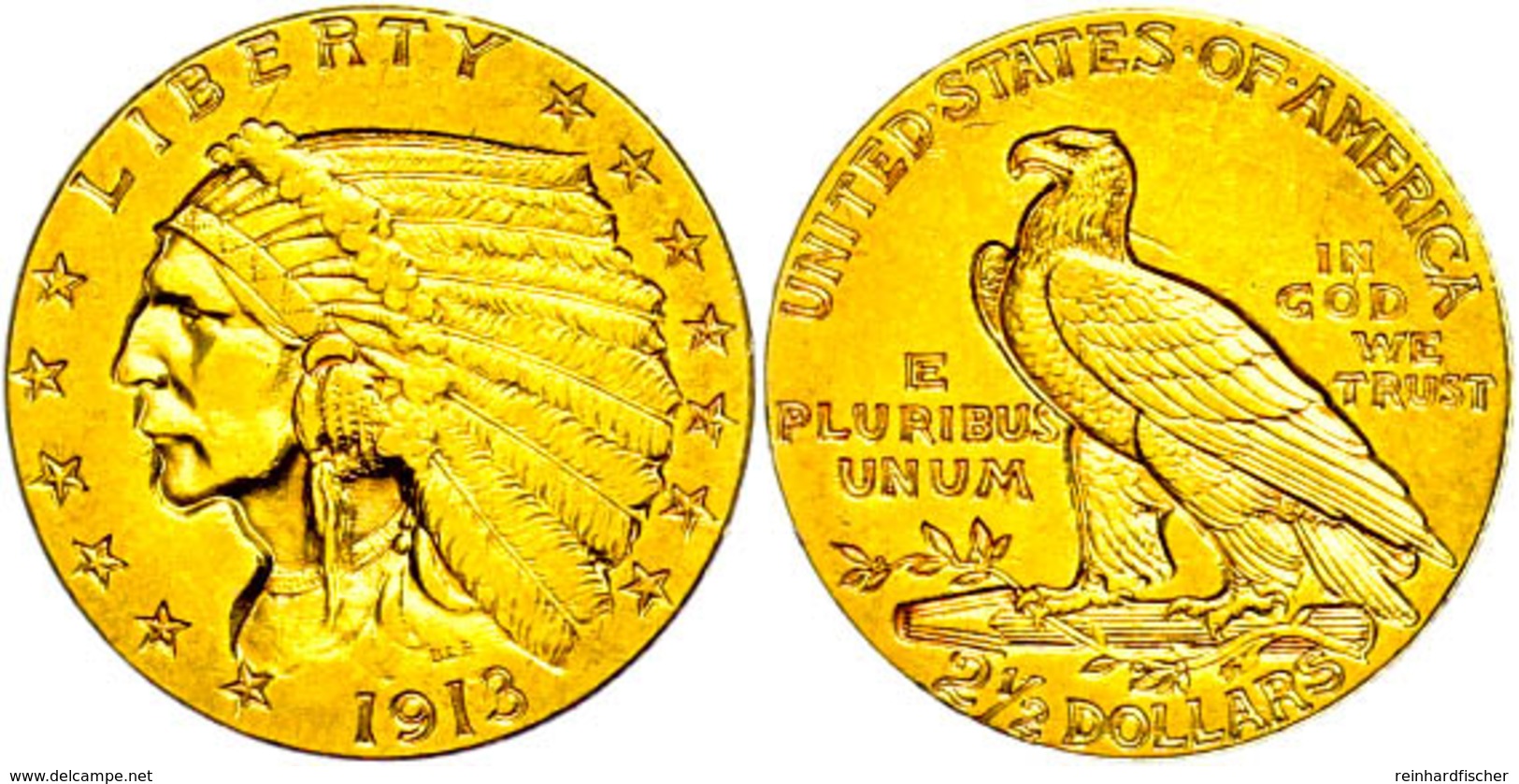 2 1/2 Dollars, Gold, 1913, Indian Head, Philadelphia, Fb. 120, Ss-vz.  Ss-vz - Sonstige & Ohne Zuordnung