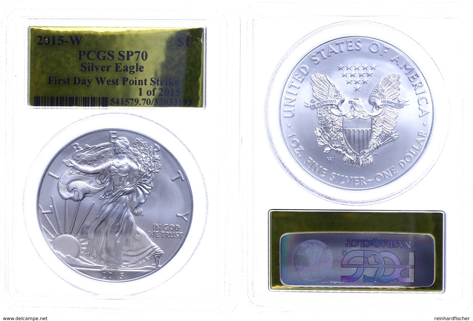 1 Dollar, 2015, W, Silver Eagle, In Slab Der PCGS Mit Der Bewertung SP70, First Day West Point Strike, Gold Foil Label L - Sonstige & Ohne Zuordnung