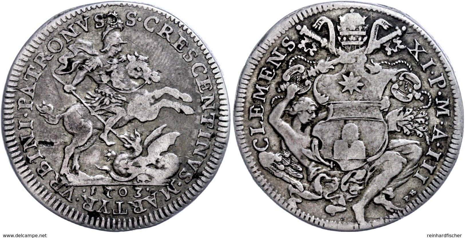 1/2 Piastra, 1703, Clemens XI., Rom, Muntoni 56, Bohrstelle, Schrötlingsfehler, Ss.  Ss - Unclassified