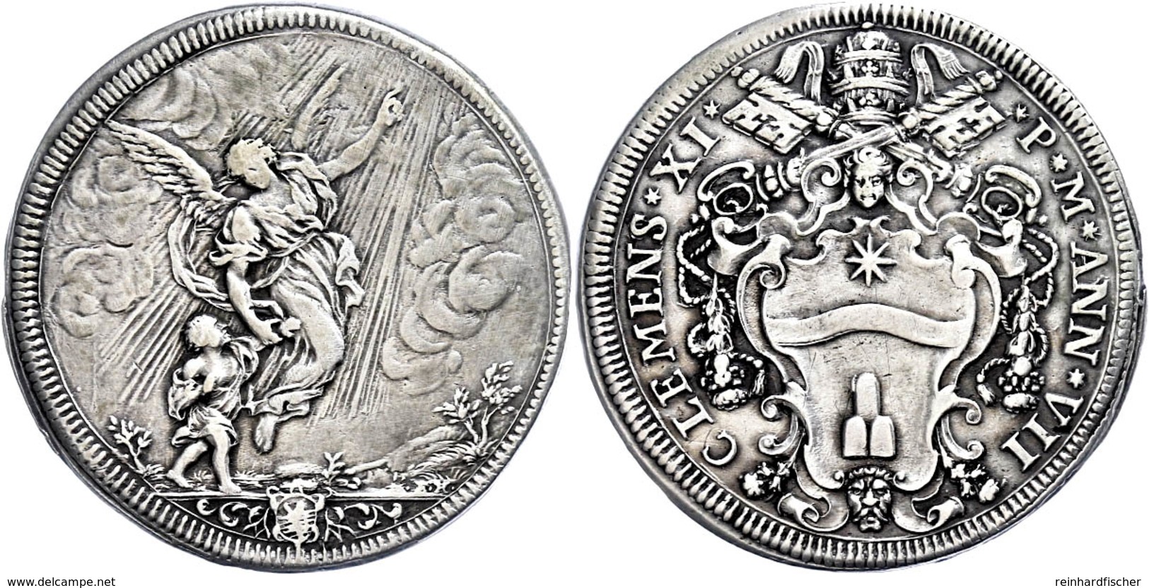 1/2 Piastra, 1707, Clemens XI., Rom, Muntoni 58, Stellenweise Leicht Bearbeitet, Ss.  Ss - Non Classés