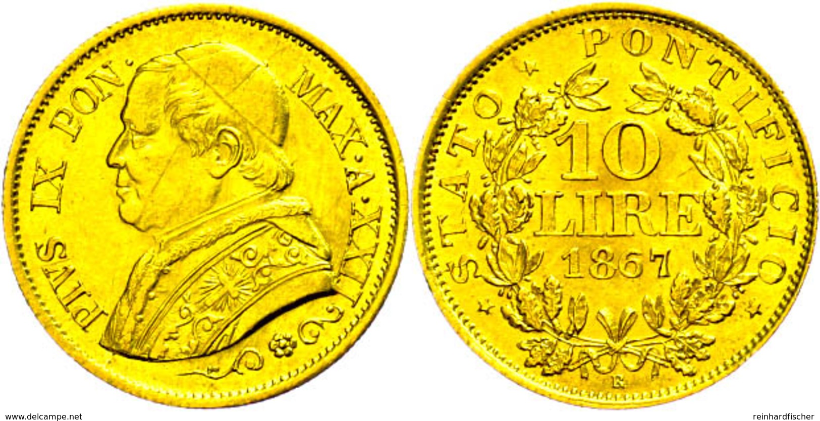 10 Lire, Gold, 1867, Pius IX., Rom, Fb. 281, Kratzer, Vz+. - Unclassified