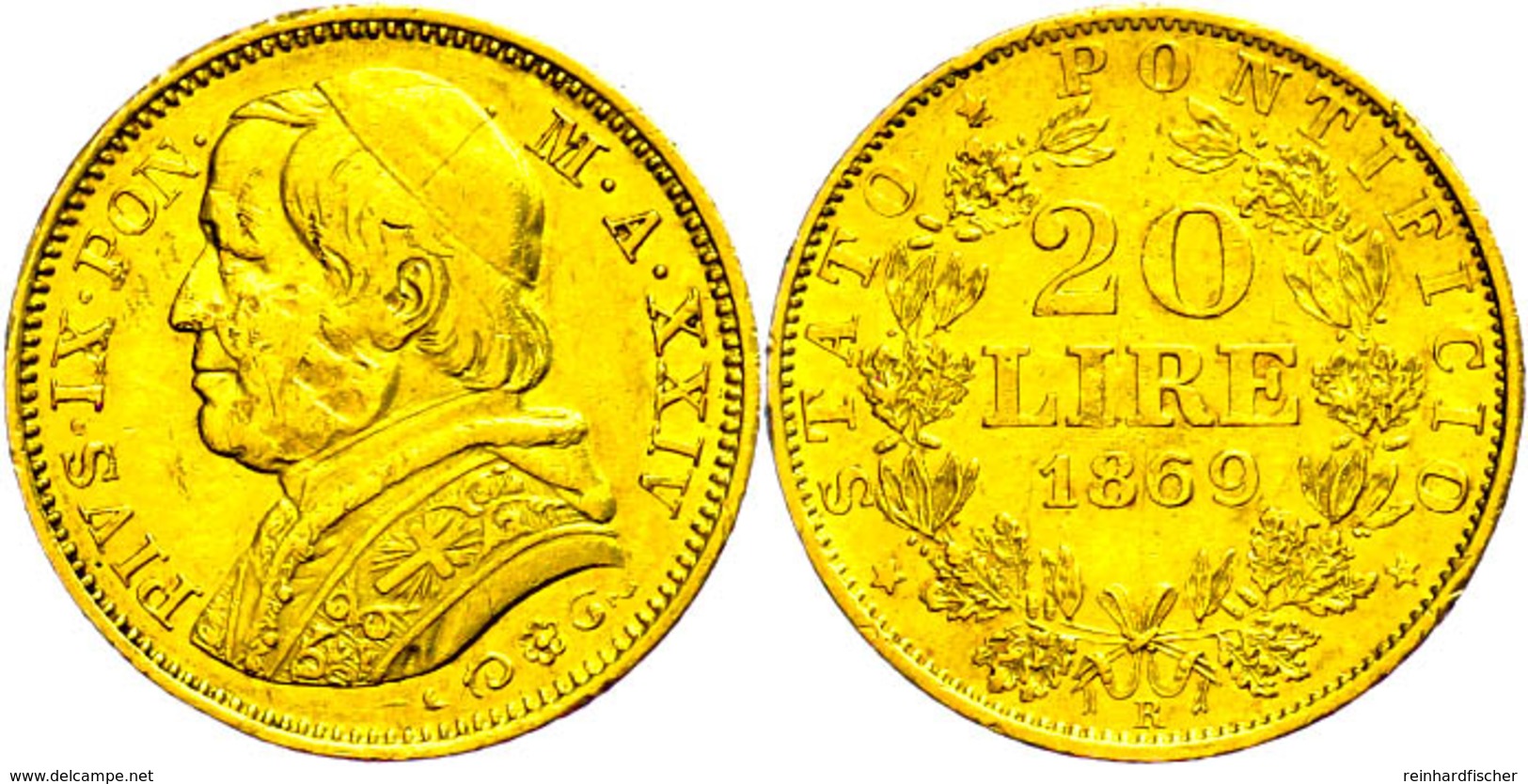 20 Lire, Gold, 1869, Pius IX., Rom, Fb. 280, Kl. Rf., Ss-vz.  Ss-vz - Unclassified