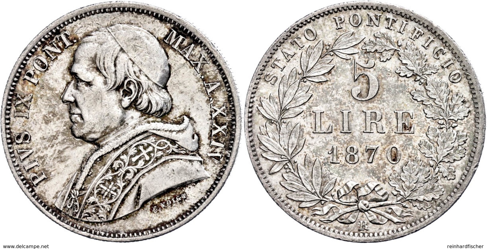 5 Lire, 1870, Pius IX., Rom, Kl. Rf., Ss-vz.  Ss-vz - Unclassified